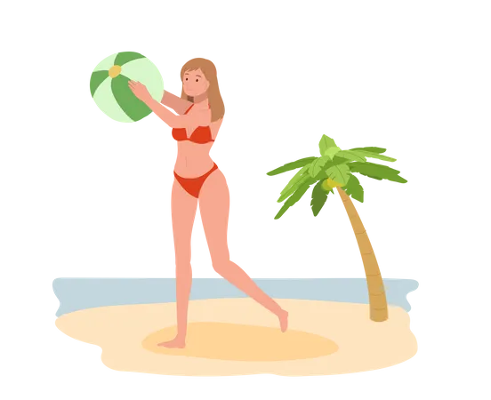 Summer Beach Vacation Theme Girl In Bikini Holding Beach Ball On The Beach Background With Sea Coconut Trees Flat Vector Illustration Illustration