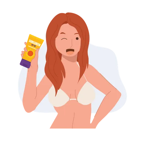 Female in bikini showing sun protection product  Illustration