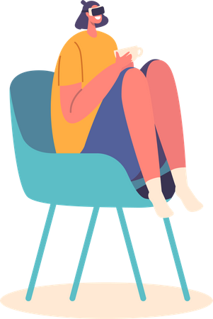 Female in Headset Sit on Chair with Coffee  Illustration