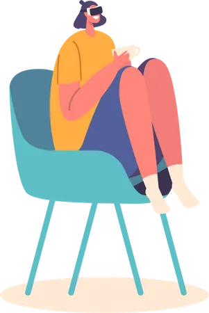 Female in Headset Sit on Chair with Coffee  Illustration