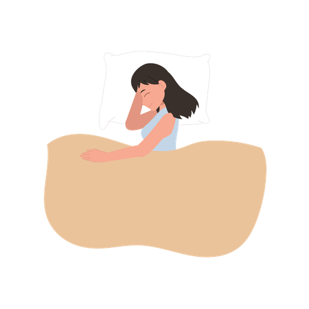 パジャマを着てベッドで安らかに眠る女性  イラスト