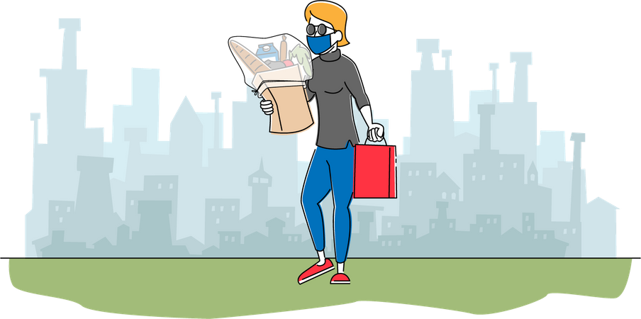 Female in Protective Mask Walking from Store with Grocery Products in Paper Bag  Illustration