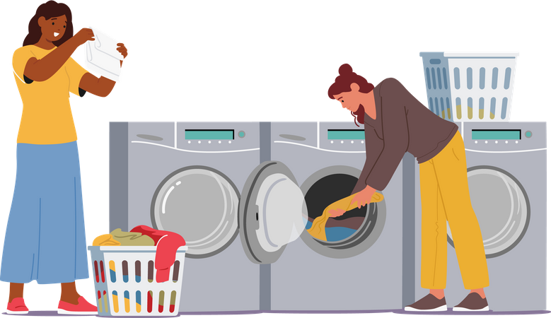 Female In Self-service Public Launderette  Illustration