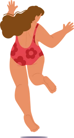 Energetic And Carefree Plump Woman Joyfully Jumps In Her Swimsuit Loves Her Body And Celebrating Beauty Of Self Acceptance Fat Female Character Rear View Cartoon People Vector Illustration Illustration