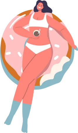 Female Character In Swimwear With Cocktail In Hand Enjoying Summertime Vacation Floating On Inflatable Ring In Shape Of Donut In Ocean Or Sea Resort Or Swimming Pool Cartoon Vector Illustration Illustration
