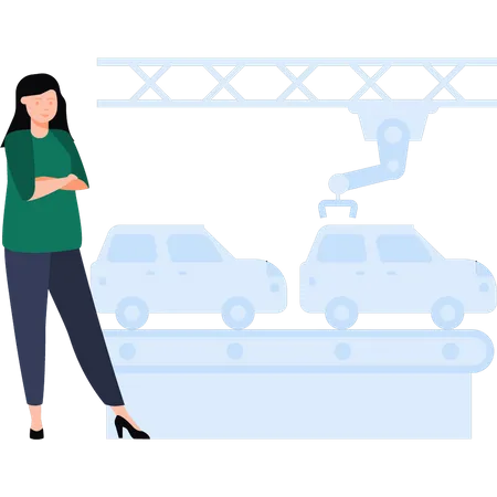 Female industrialist at car production factory  Illustration