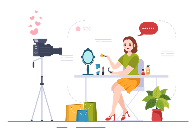 Female influencer doing cosmetic review  Illustration