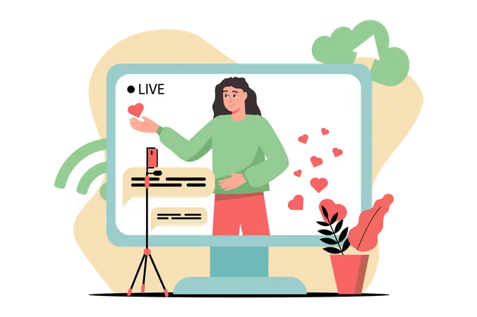 Female influencer streaming live online  Illustration