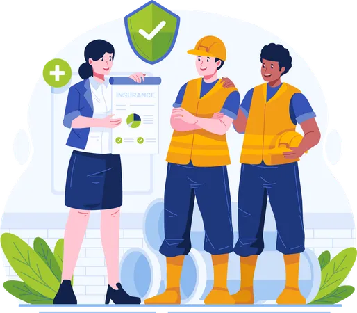 A Female Insurance Agent Explains And Offers An Insurance Policy To Construction Workers Insurance Concept Illustration Illustration