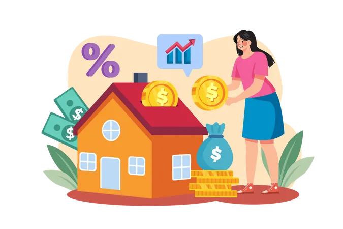 Female investing finance in home Illustration