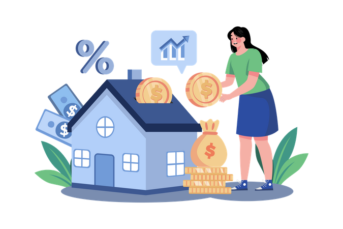 Female investing finance in home Illustration