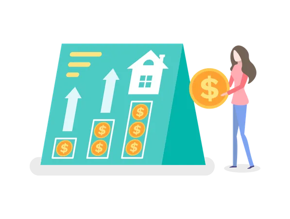Woman Holding Coin Portrait View Of Worker Standing Near Poster With Money Rising Arrows And House Female And Currency Finance Symbol Dollar Vector Illustration