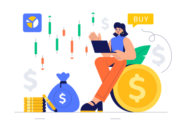 Female Investor Checking Candle Graph  Illustration