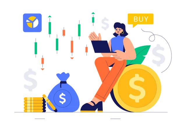 Female Investor Checking Candle Graph  Illustration