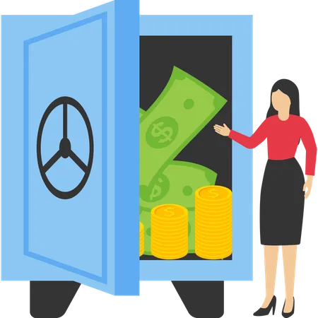 Female investor standing with safe haven with cash  Illustration