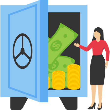 Female investor standing with safe haven with cash  Illustration