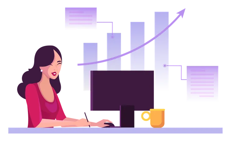 Female investor trading in stock market on computer Illustration