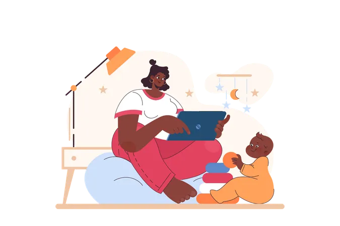 Female Freelance Worker Mother With Her Infant Baby Working On Computer At Home Maternity And Career Building Flat Vector Illustration Illustration