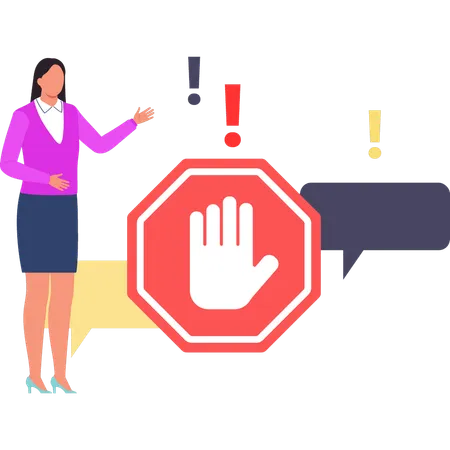 The Female Is Standing By The Hand Stop Sign Illustration