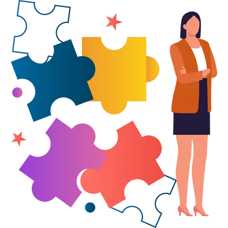 Female is standing besides puzzle for autism awareness  Illustration