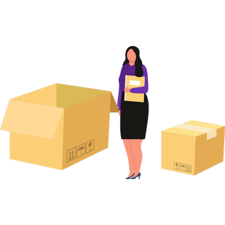 Female is standing near boxes  Illustration