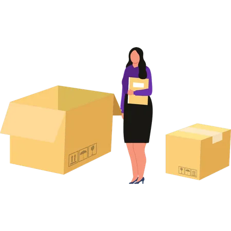 Female is standing near boxes  Illustration