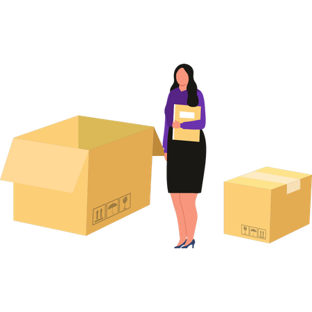 Female is standing near boxes  Illustration