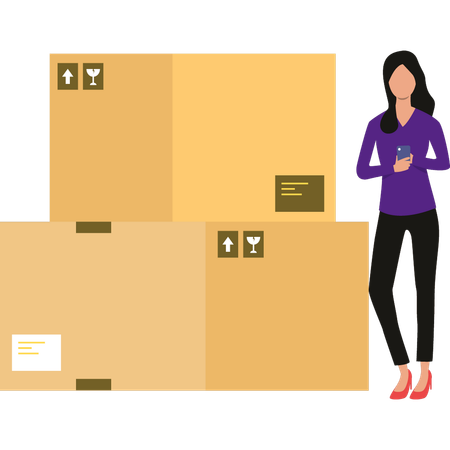 Female is standing next to the cardboard boxes  Illustration