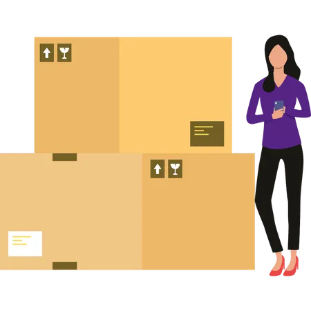 Female is standing next to the cardboard boxes  Illustration