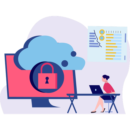 Female is working on cloud data protection  Illustration