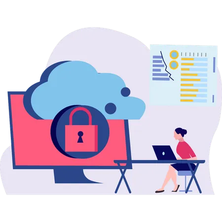 Female is working on cloud data protection  Illustration