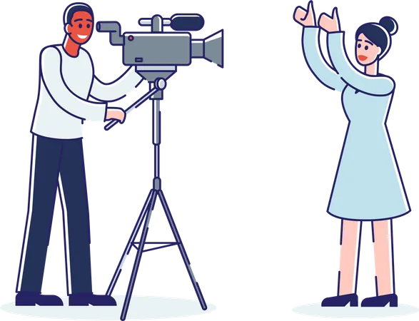 Female journalist reporter filming news with cameraman Illustration