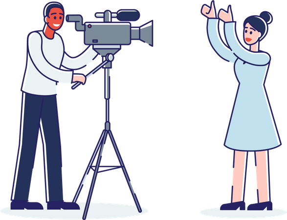 Female journalist reporter filming news with cameraman  Illustration