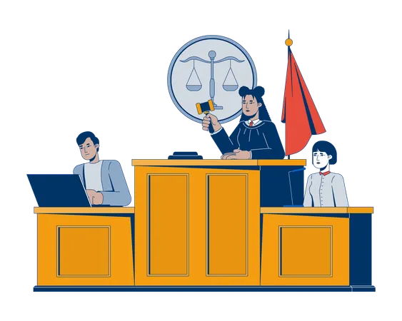 Female judge in courtroom holding gavel  Illustration