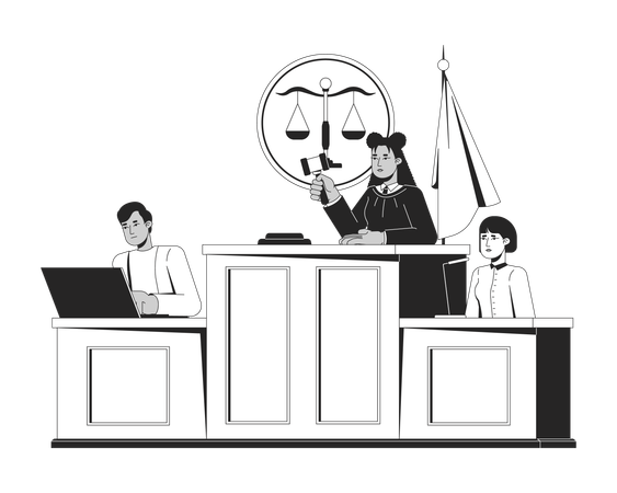 Female judge in courtroom holding gavel  Illustration