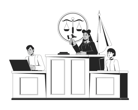 Female judge in courtroom holding gavel  Illustration