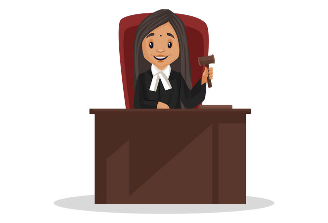 Female Judge sitting in courtroom holding hammer in hand Illustration