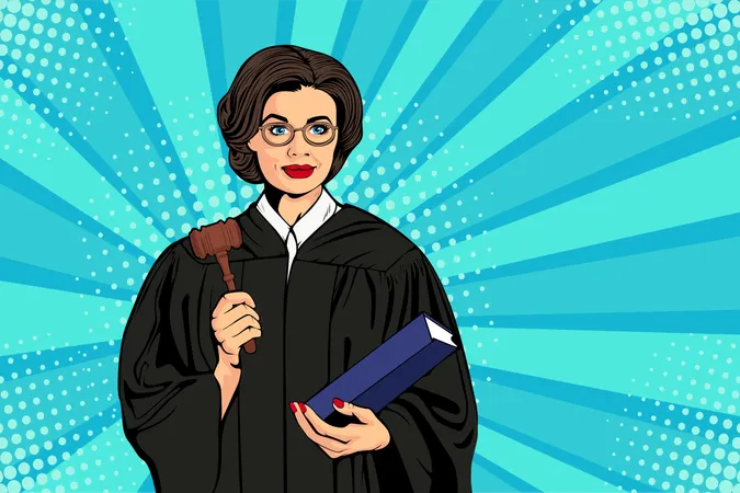 Female judge with a hammer and book Justice vector illustration in vintage pop art retro comic style  Illustration