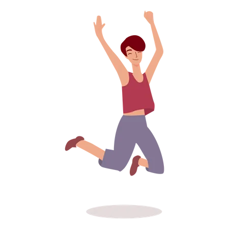 Happy Jump Cartoon Girl Smiling And Jumping High In Air With Eyes Closed Young Woman With Short Hair And Summer Clothes Celebrating Happiness Flat Isolated Vector Illustration 일러스트레이션