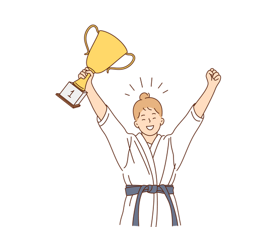 Female karate champion celebrating trophy  Illustration