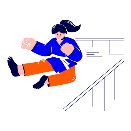 Female karate chopper does a jump kick  Illustration