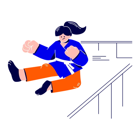 Female karate chopper does a jump kick  Illustration