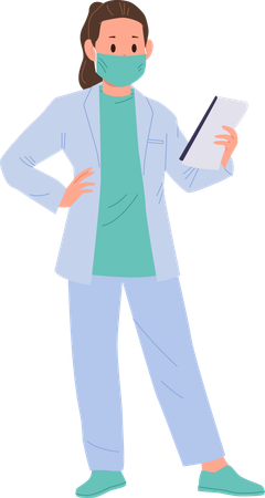 Female kid doctor wearing protective facial mask and uniform  Illustration