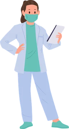 Female kid doctor wearing protective facial mask and uniform  Illustration