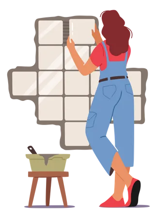 Female labor fixing tiles on wall  Illustration