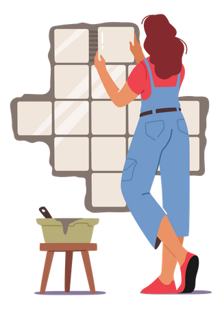 Female labor fixing tiles on wall  Illustration