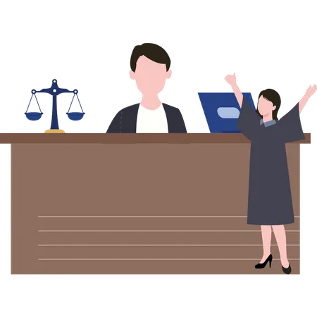 Female lawyer is standing in court talking to a judge  Illustration