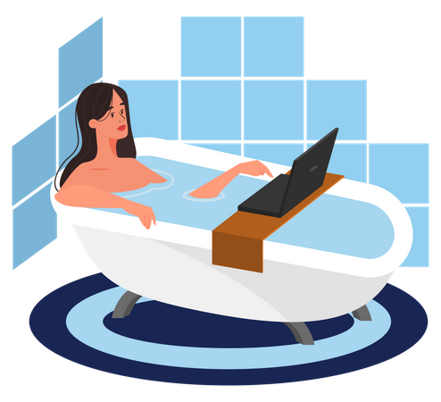 Female laying in bathtub and holding laptop  Illustration