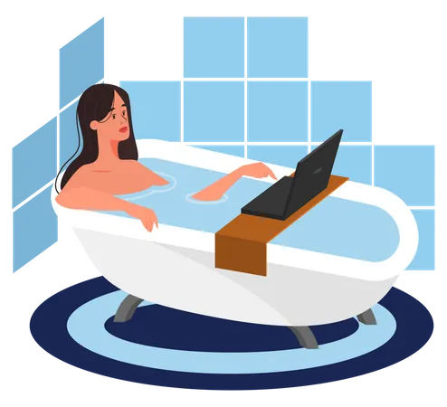 Female Character Laing In The Bathtube And Holding A Laptop Character Chatting On Notebook While Having A Bath Freelancer Working At Home Concept Of Freelance Lifestyle Illustration