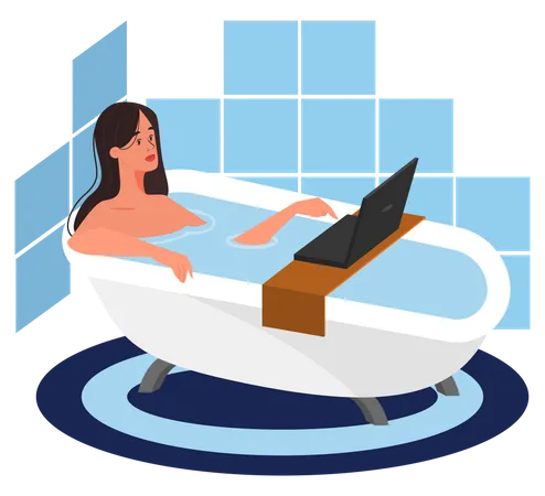 Female laying in bathtub and holding laptop  Illustration